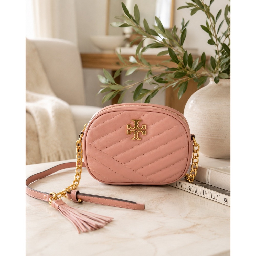 Tory Burch Kira Chevron Small Camera Bag Pink Moon Quilted Leather Crossbody